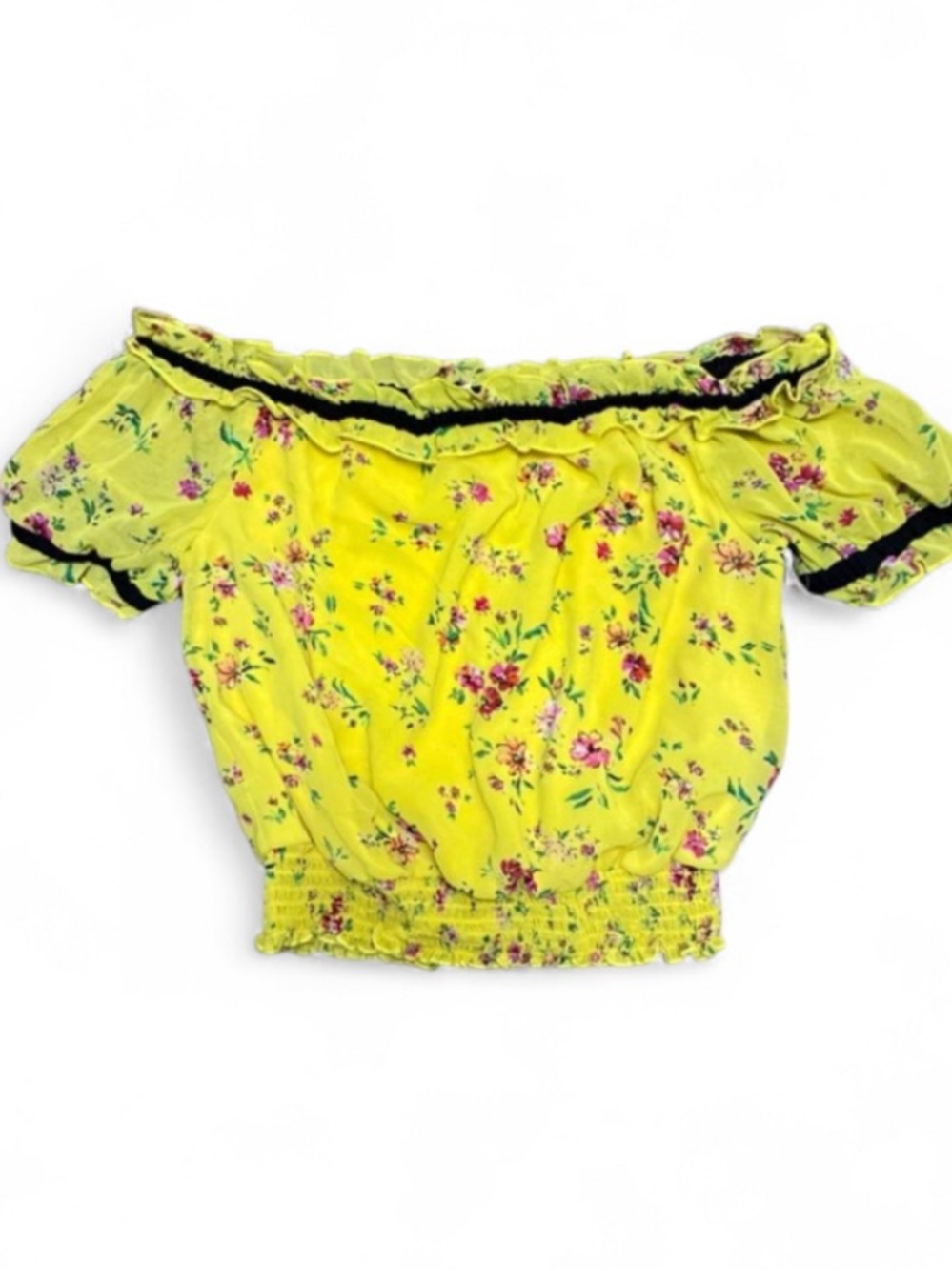 Yellow Floral Off Shoulder Crop Top Ruffle Boho Cottagecore Size S